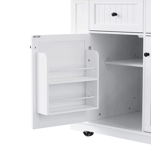 K&K 48 inch Large Kitchen Island with Drop Leaf,Power Outlet,Internal Storage Rack,Rolling Kitchen Storage Cart on 5 Wheels with 5 Open Side Racks for Kitchen,Dining Room,White (Not include Stools) Default -DTYStore