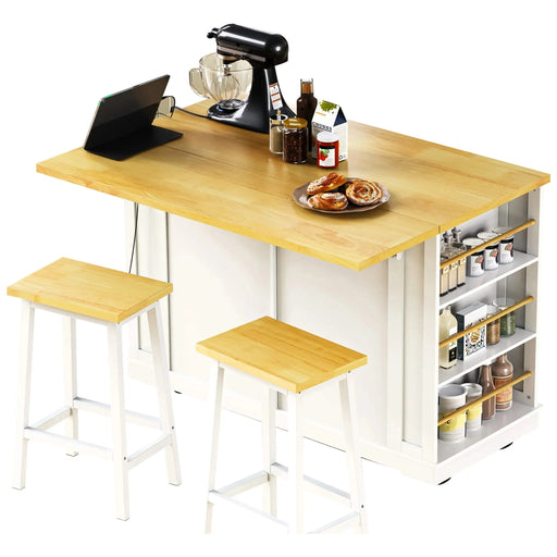 K&K 48 inch Large Kitchen Island with Drop Leaf,Power Outlet,Internal Storage Rack,Rolling Kitchen Storage Cart on 5 Wheels with 5 Open Side Racks for Kitchen,Dining Room,White (Not include Stools) Default -DTYStore
