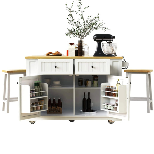 K&K 48 inch Large Kitchen Island with Drop Leaf,Power Outlet,Internal Storage Rack,Rolling Kitchen Storage Cart on 5 Wheels with 5 Open Side Racks for Kitchen,Dining Room,White (Not include Stools) Default -DTYStore