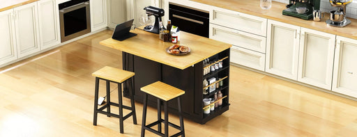 K&K 48 inch Large Kitchen Island with Drop Leaf,Power Outlet,Internal Storage Rack,Rolling Kitchen Storage Cart on 5 Wheels with 5 Open Side Racks,for Kitchen,Dining Room,Black(Not Include Stools) Default -DTYStore