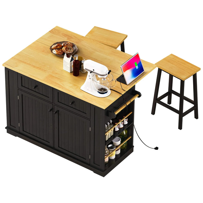 K&K 48 inch Large Kitchen Island with Drop Leaf,Power Outlet,Internal Storage Rack,Rolling Kitchen Storage Cart on 5 Wheels with 5 Open Side Racks,for Kitchen,Dining Room,Black(Not Include Stools) Default -DTYStore