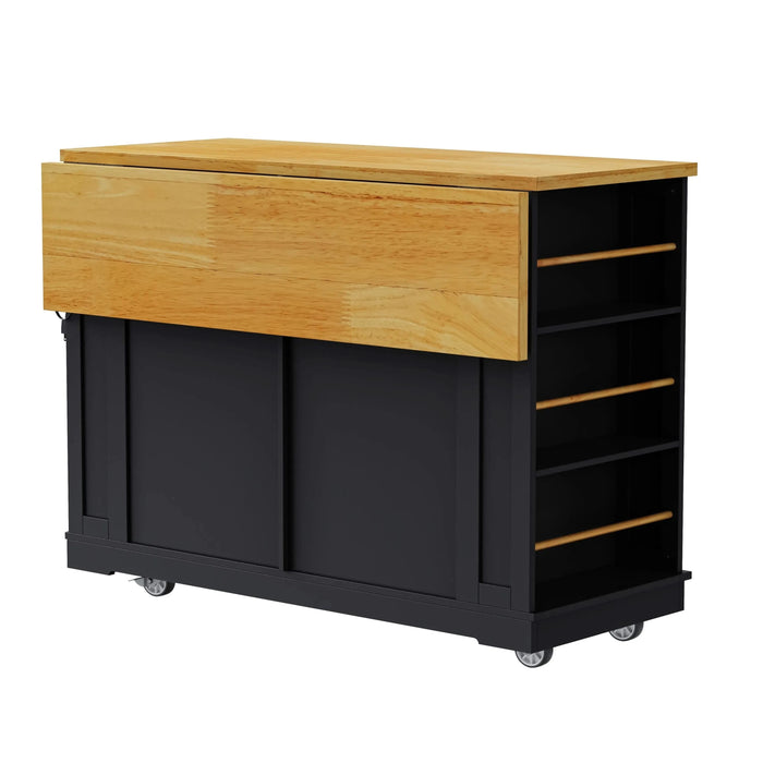 K&K 48 inch Large Kitchen Island with Drop Leaf,Power Outlet,Internal Storage Rack,Rolling Kitchen Storage Cart on 5 Wheels with 5 Open Side Racks,for Kitchen,Dining Room,Black(Not Include Stools) Default -DTYStore