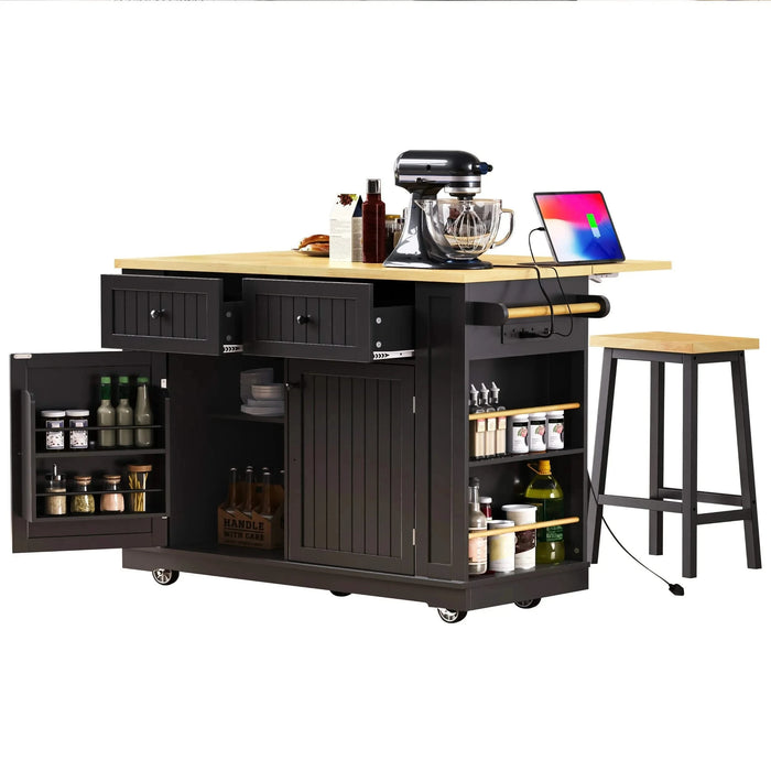 K&K 48 inch Large Kitchen Island with Drop Leaf,Power Outlet,Internal Storage Rack,Rolling Kitchen Storage Cart on 5 Wheels with 5 Open Side Racks,for Kitchen,Dining Room,Black(Not Include Stools) Default -DTYStore