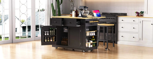 K&K 48 inch Large Kitchen Island with Drop Leaf,Power Outlet,Internal Storage Rack,Rolling Kitchen Storage Cart on 5 Wheels with 5 Open Side Racks,for Kitchen,Dining Room,Black(Not Include Stools) Default -DTYStore