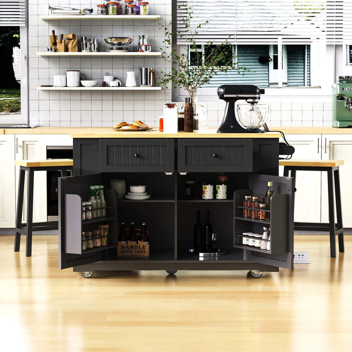 K&K 48 inch Large Kitchen Island with Drop Leaf,Power Outlet,Internal Storage Rack,Rolling Kitchen Storage Cart on 5 Wheels with 5 Open Side Racks,for Kitchen,Dining Room,Black(Not Include Stools) Default -DTYStore