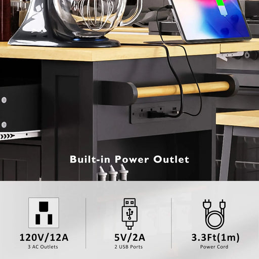 K&K 48 inch Large Kitchen Island with Drop Leaf,Power Outlet,Internal Storage Rack,Rolling Kitchen Storage Cart on 5 Wheels with 5 Open Side Racks,for Kitchen,Dining Room,Black(Not Include Stools) Default -DTYStore