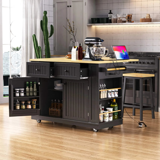 K&K 48 inch Large Kitchen Island with Drop Leaf,Power Outlet,Internal Storage Rack,Rolling Kitchen Storage Cart on 5 Wheels with 5 Open Side Racks,for Kitchen,Dining Room,Black(Not Include Stools) Default -DTYStore