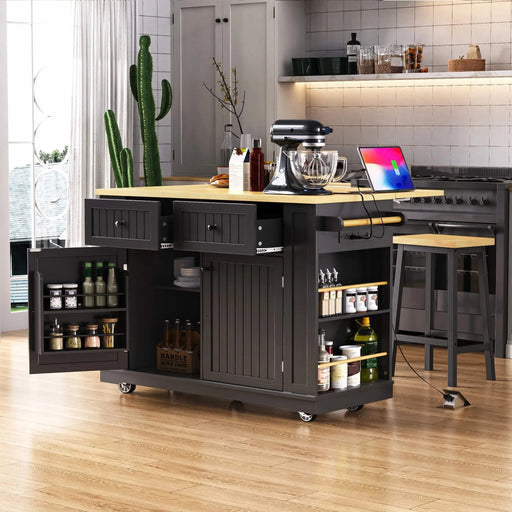 K&K 48inch Large Kitchen Island with 2 Bar Stools, Power Outlet, Door Internal Storage Rack, Kitchen Storage Cart on 5 Wheels with Drop Leaf, 5 Open Side Racks, 2 Drawers,for Kitchen,Dining Room,Black Default -DTYStore