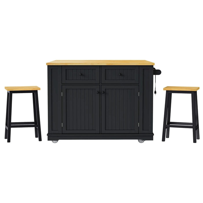 K&K 48inch Large Kitchen Island with 2 Bar Stools, Power Outlet, Door Internal Storage Rack, Kitchen Storage Cart on 5 Wheels with Drop Leaf, 5 Open Side Racks, 2 Drawers,for Kitchen,Dining Room,Black Default -DTYStore
