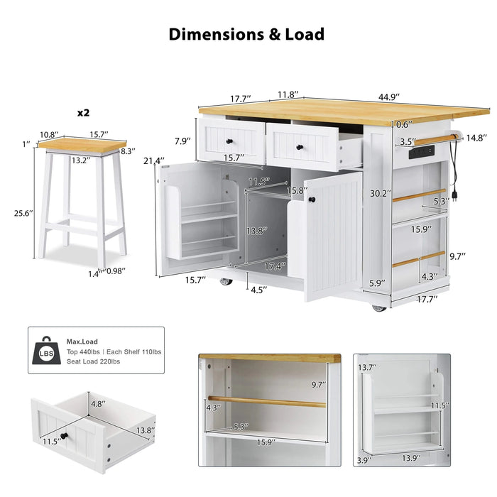 K&K 48inch Large Kitchen Island with 2 Bar Stools, Power Outlet, Door Internal Storage Rack, Kitchen Storage Cart on 5 Wheels with Drop Leaf, 5 Open Side Racks, 2 Drawers,for Kitchen,Dining Room,White Default -DTYStore