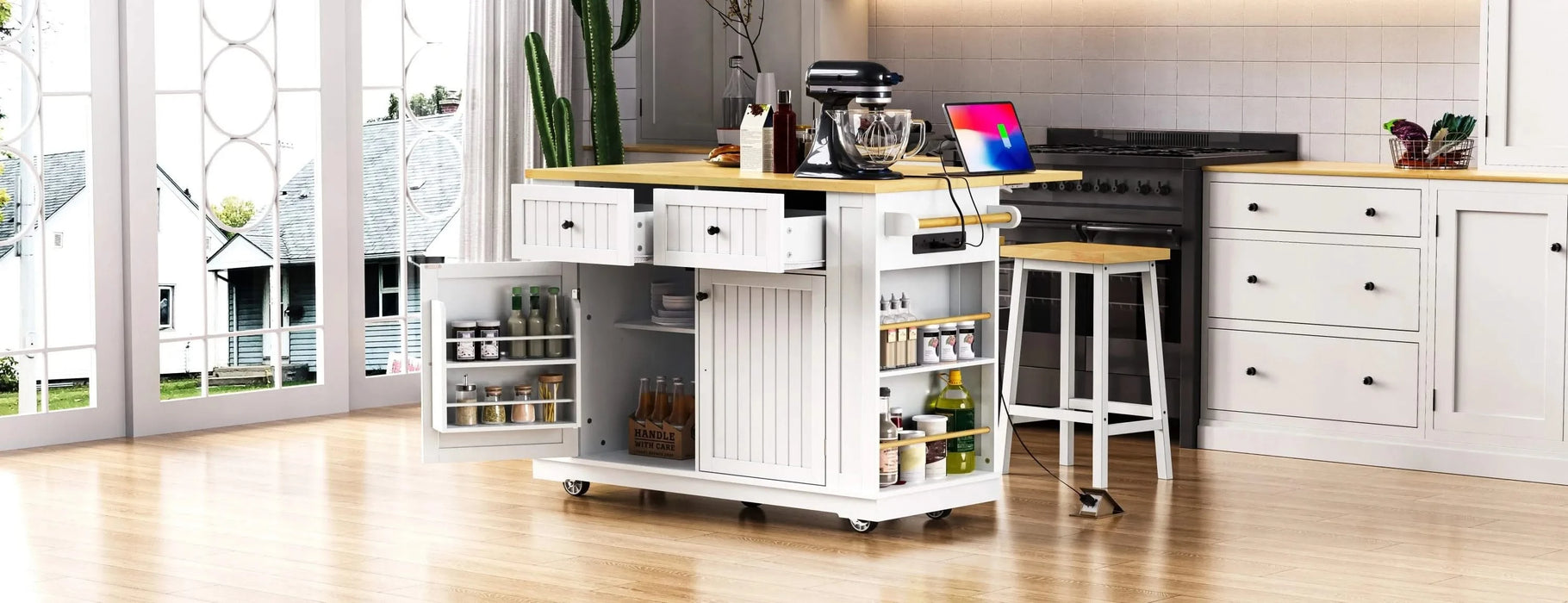 K&K 48inch Large Kitchen Island with 2 Bar Stools, Power Outlet, Door Internal Storage Rack, Kitchen Storage Cart on 5 Wheels with Drop Leaf, 5 Open Side Racks, 2 Drawers,for Kitchen,Dining Room,White Default -DTYStore