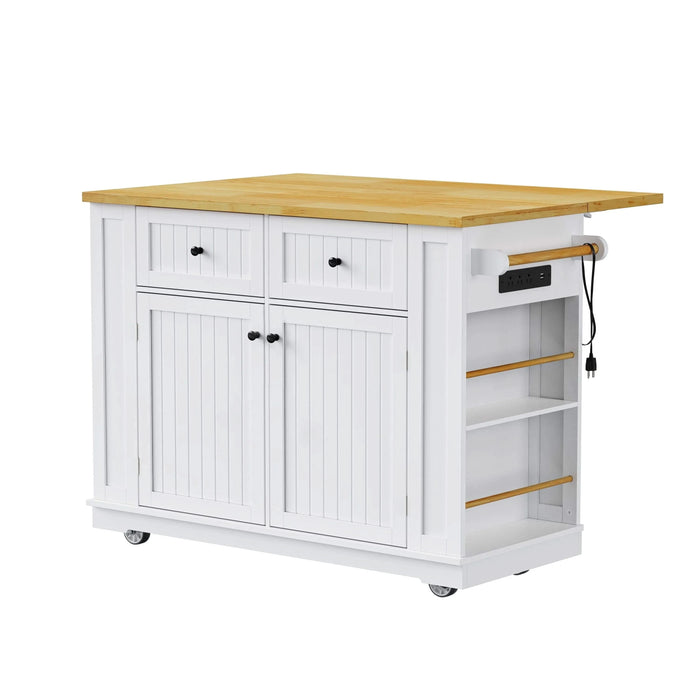 K&K 48inch Large Kitchen Island with 2 Bar Stools, Power Outlet, Door Internal Storage Rack, Kitchen Storage Cart on 5 Wheels with Drop Leaf, 5 Open Side Racks, 2 Drawers,for Kitchen,Dining Room,White Default -DTYStore