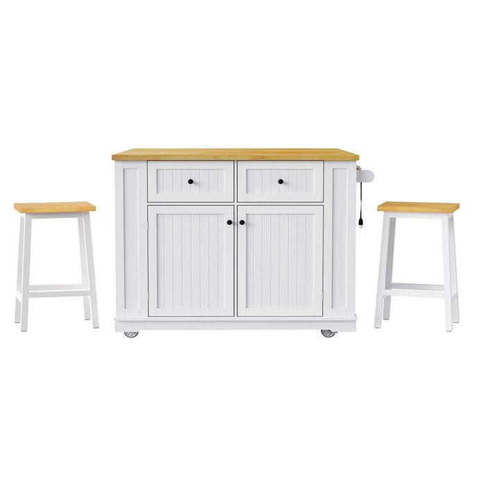 K&K 48inch Large Kitchen Island with 2 Bar Stools, Power Outlet, Door Internal Storage Rack, Kitchen Storage Cart on 5 Wheels with Drop Leaf, 5 Open Side Racks, 2 Drawers,for Kitchen,Dining Room,White Default -DTYStore