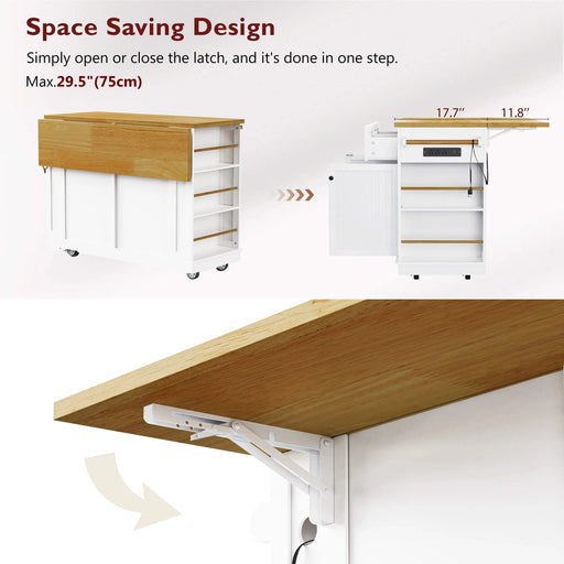 K&K 48inch Large Kitchen Island with 2 Bar Stools, Power Outlet, Door Internal Storage Rack, Kitchen Storage Cart on 5 Wheels with Drop Leaf, 5 Open Side Racks, 2 Drawers,for Kitchen,Dining Room,White Default -DTYStore