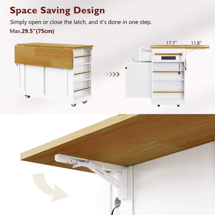 K&K 48inch Large Kitchen Island with 2 Bar Stools, Power Outlet, Door Internal Storage Rack, Kitchen Storage Cart on 5 Wheels with Drop Leaf, 5 Open Side Racks, 2 Drawers,for Kitchen,Dining Room,White Default -DTYStore