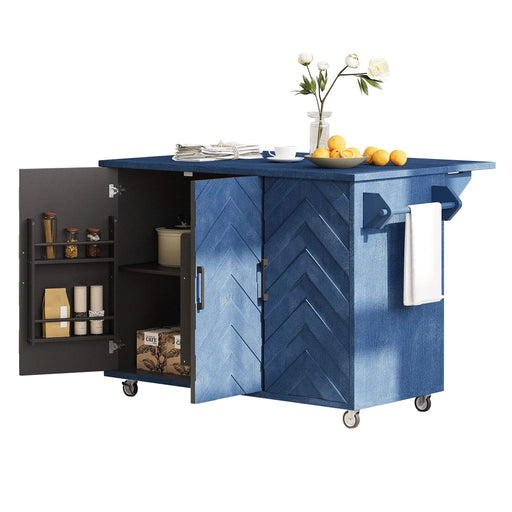 K&K 51.2'W 3D Wave Stripes Ash Veneer(Not Cheap Paper) Kitchen Island with Drop Leaf, Farmhouse Kitchen Island on Wheels with Internal Storage Rack, Rolling Kitchen Cart (Navy Blue) Default -DTYStore