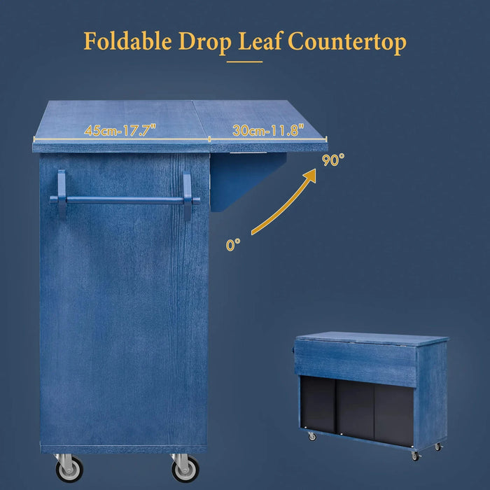 K&K 51.2'W 3D Wave Stripes Ash Veneer(Not Cheap Paper) Kitchen Island with Drop Leaf, Farmhouse Kitchen Island on Wheels with Internal Storage Rack, Rolling Kitchen Cart (Navy Blue) Default -DTYStore