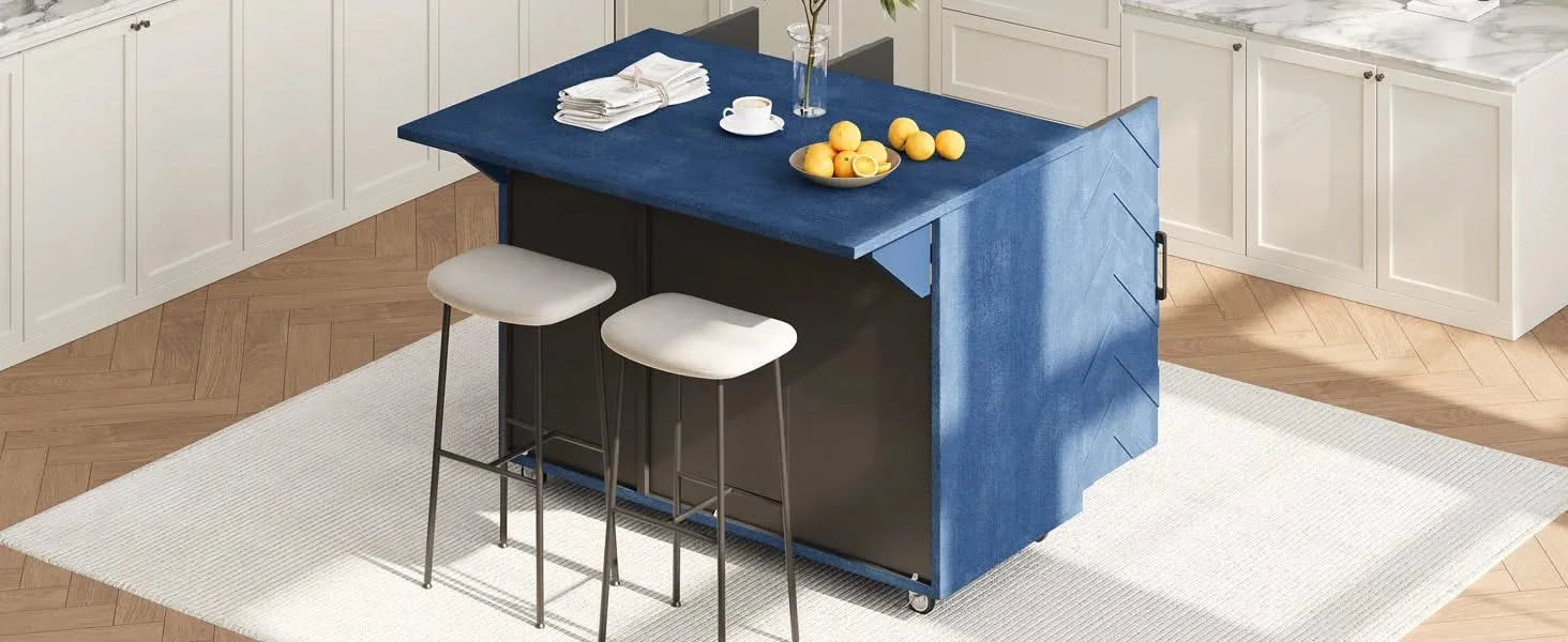 K&K 51.2'W 3D Wave Stripes Ash Veneer(Not Cheap Paper) Kitchen Island with Drop Leaf, Farmhouse Kitchen Island on Wheels with Internal Storage Rack, Rolling Kitchen Cart (Navy Blue) Default -DTYStore