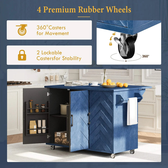 K&K 51.2'W 3D Wave Stripes Ash Veneer(Not Cheap Paper) Kitchen Island with Drop Leaf, Farmhouse Kitchen Island on Wheels with Internal Storage Rack, Rolling Kitchen Cart (Navy Blue) Default -DTYStore