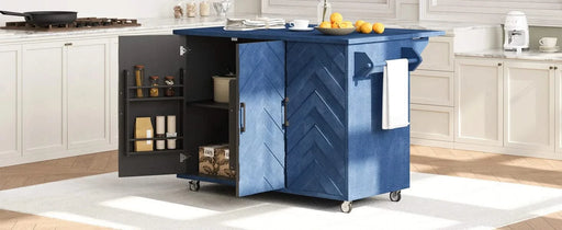 K&K 51.2'W 3D Wave Stripes Ash Veneer(Not Cheap Paper) Kitchen Island with Drop Leaf, Farmhouse Kitchen Island on Wheels with Internal Storage Rack, Rolling Kitchen Cart (Navy Blue) Default -DTYStore