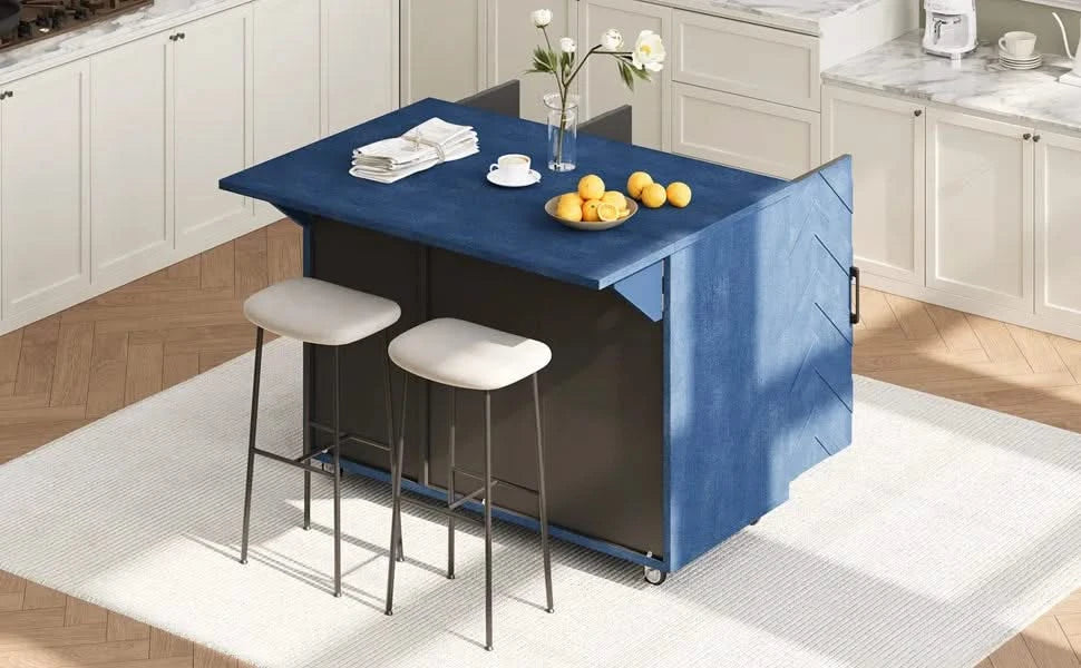 K&K 51.2'W 3D Wave Stripes Ash Veneer(Not Cheap Paper) Kitchen Island with Drop Leaf, Farmhouse Kitchen Island on Wheels with Internal Storage Rack, Rolling Kitchen Cart (Navy Blue) Default -DTYStore