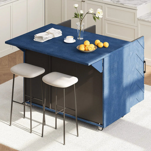 K&K 51.2'W 3D Wave Stripes Ash Veneer(Not Cheap Paper) Kitchen Island with Drop Leaf, Farmhouse Kitchen Island on Wheels with Internal Storage Rack, Rolling Kitchen Cart (Navy Blue) Default -DTYStore