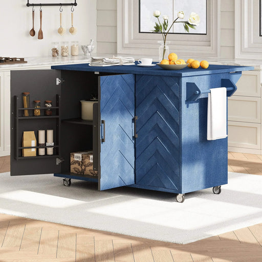 K&K 51.2'W 3D Wave Stripes Ash Veneer(Not Cheap Paper) Kitchen Island with Drop Leaf, Farmhouse Kitchen Island on Wheels with Internal Storage Rack, Rolling Kitchen Cart (Navy Blue) Default -DTYStore