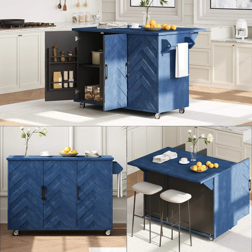 K&K 51.2'W 3D Wave Stripes Ash Veneer(Not Cheap Paper) Kitchen Island with Drop Leaf, Farmhouse Kitchen Island on Wheels with Internal Storage Rack, Rolling Kitchen Cart (Navy Blue) Default -DTYStore