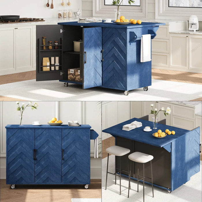 K&K 51.2'W 3D Wave Stripes Ash Veneer(Not Cheap Paper) Kitchen Island with Drop Leaf, Farmhouse Kitchen Island on Wheels with Internal Storage Rack, Rolling Kitchen Cart (Navy Blue) Default -DTYStore
