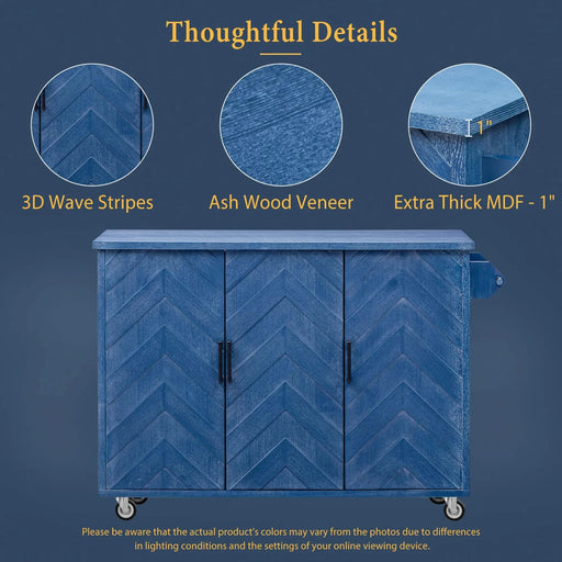 K&K 51.2'W 3D Wave Stripes Ash Veneer(Not Cheap Paper) Kitchen Island with Drop Leaf, Farmhouse Kitchen Island on Wheels with Internal Storage Rack, Rolling Kitchen Cart (Navy Blue) Default -DTYStore
