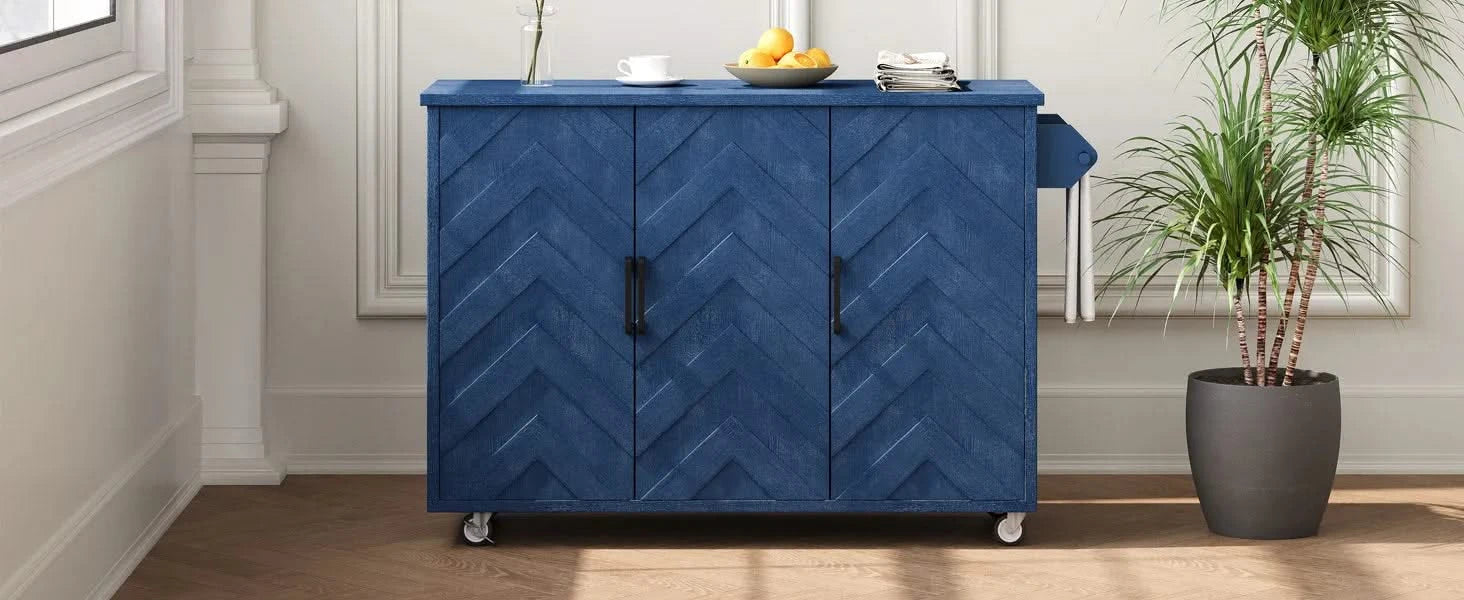 K&K 51.2'W 3D Wave Stripes Ash Veneer(Not Cheap Paper) Kitchen Island with Drop Leaf, Farmhouse Kitchen Island on Wheels with Internal Storage Rack, Rolling Kitchen Cart (Navy Blue) Default -DTYStore