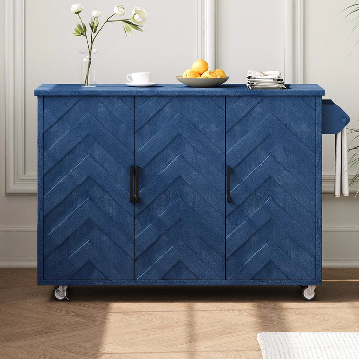 K&K 51.2'W 3D Wave Stripes Ash Veneer(Not Cheap Paper) Kitchen Island with Drop Leaf, Farmhouse Kitchen Island on Wheels with Internal Storage Rack, Rolling Kitchen Cart (Navy Blue) Default -DTYStore