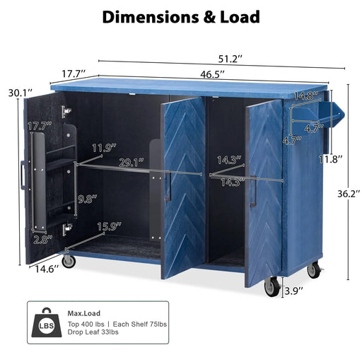 K&K 51.2'W 3D Wave Stripes Ash Veneer(Not Cheap Paper) Kitchen Island with Drop Leaf, Farmhouse Kitchen Island on Wheels with Internal Storage Rack, Rolling Kitchen Cart (Navy Blue) Default -DTYStore