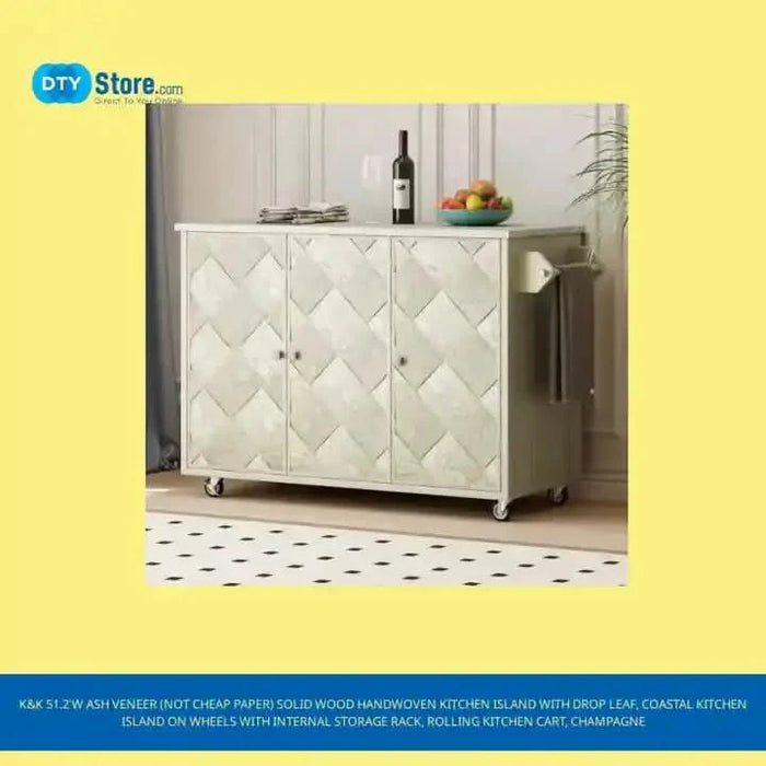 K&K 51.2'W Ash Veneer (Not Cheap Paper) Solid Wood Handwoven Kitchen Island with Drop Leaf, Coastal Kitchen Island on Wheels with Internal Storage Rack, Rolling Kitchen Cart, Champagne Default -DTYStore