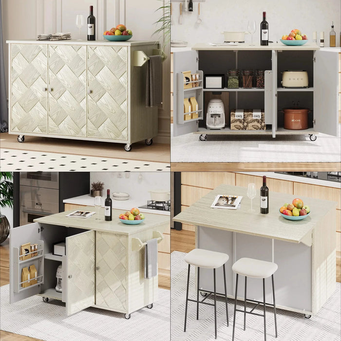 K&K 51.2'W Ash Veneer (Not Cheap Paper) Solid Wood Handwoven Kitchen Island with Drop Leaf, Coastal Kitchen Island on Wheels with Internal Storage Rack, Rolling Kitchen Cart, Champagne Default -DTYStore