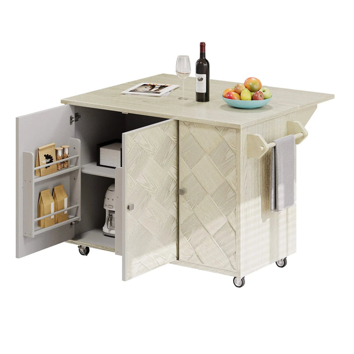 K&K 51.2'W Ash Veneer (Not Cheap Paper) Solid Wood Handwoven Kitchen Island with Drop Leaf, Coastal Kitchen Island on Wheels with Internal Storage Rack, Rolling Kitchen Cart, Champagne Default -DTYStore