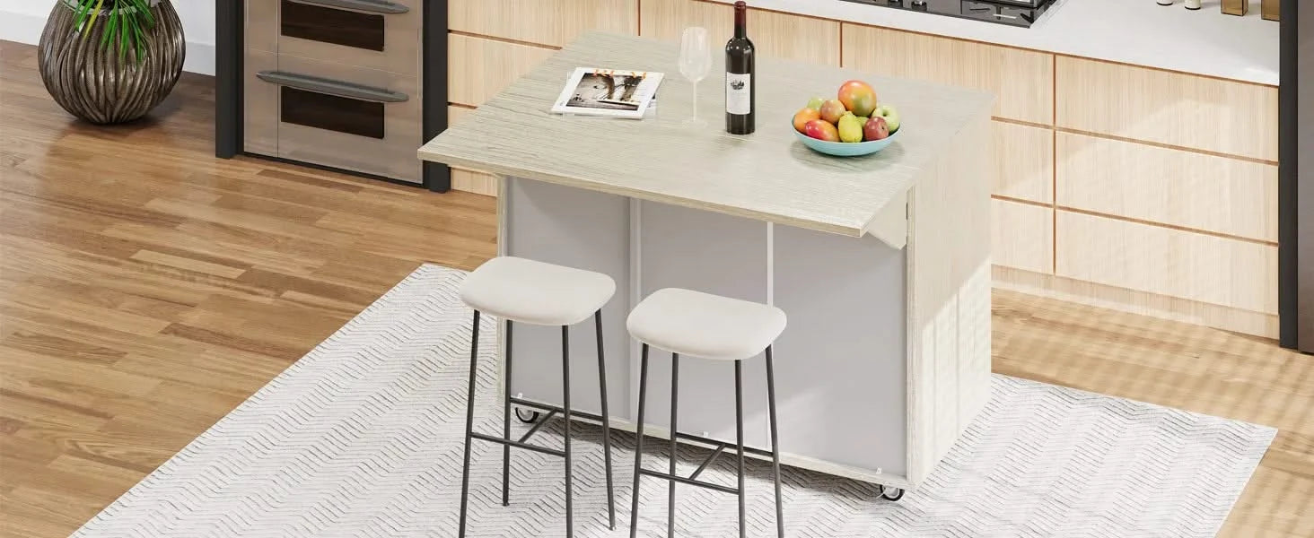 K&K 51.2'W Ash Veneer (Not Cheap Paper) Solid Wood Handwoven Kitchen Island with Drop Leaf, Coastal Kitchen Island on Wheels with Internal Storage Rack, Rolling Kitchen Cart, Champagne Default -DTYStore