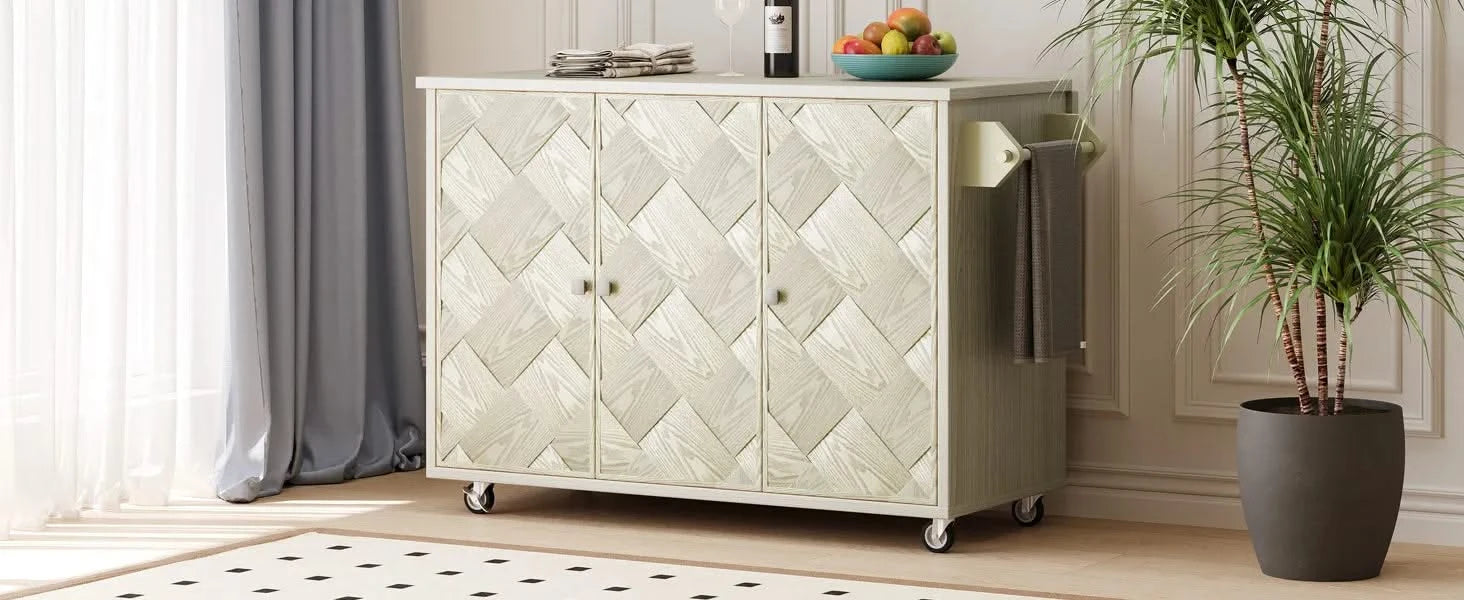 K&K 51.2'W Ash Veneer (Not Cheap Paper) Solid Wood Handwoven Kitchen Island with Drop Leaf, Coastal Kitchen Island on Wheels with Internal Storage Rack, Rolling Kitchen Cart, Champagne Default -DTYStore