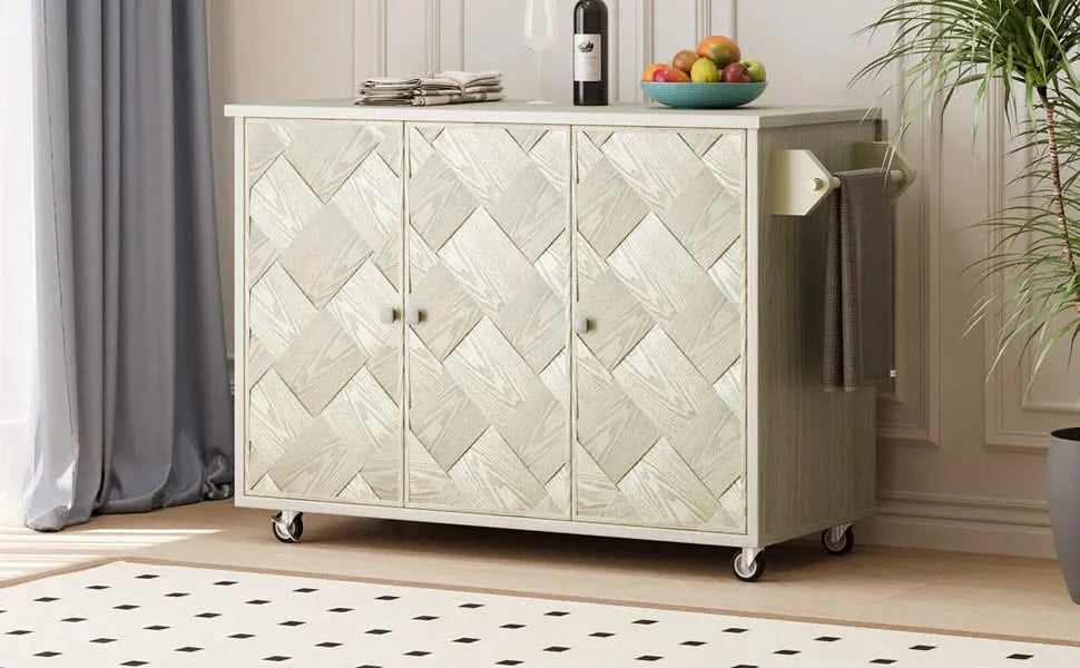 K&K 51.2'W Ash Veneer (Not Cheap Paper) Solid Wood Handwoven Kitchen Island with Drop Leaf, Coastal Kitchen Island on Wheels with Internal Storage Rack, Rolling Kitchen Cart, Champagne Default -DTYStore