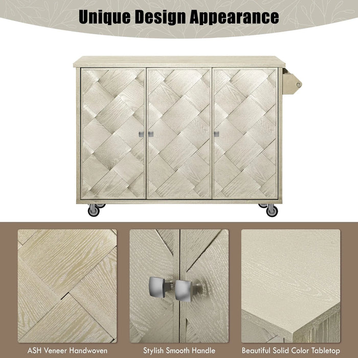 K&K 51.2'W Ash Veneer (Not Cheap Paper) Solid Wood Handwoven Kitchen Island with Drop Leaf, Coastal Kitchen Island on Wheels with Internal Storage Rack, Rolling Kitchen Cart, Champagne Default -DTYStore