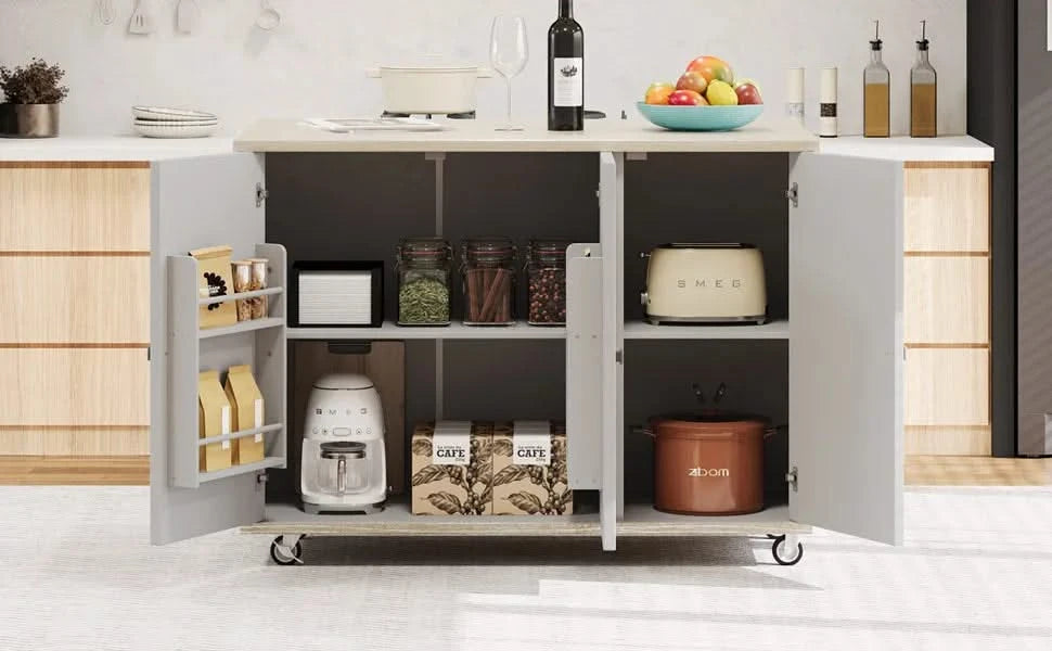 K&K 51.2'W Ash Veneer (Not Cheap Paper) Solid Wood Handwoven Kitchen Island with Drop Leaf, Coastal Kitchen Island on Wheels with Internal Storage Rack, Rolling Kitchen Cart, Champagne Default -DTYStore