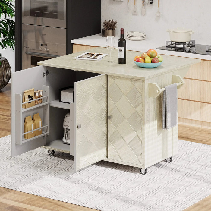 K&K 51.2'W Ash Veneer (Not Cheap Paper) Solid Wood Handwoven Kitchen Island with Drop Leaf, Coastal Kitchen Island on Wheels with Internal Storage Rack, Rolling Kitchen Cart, Champagne Default -DTYStore
