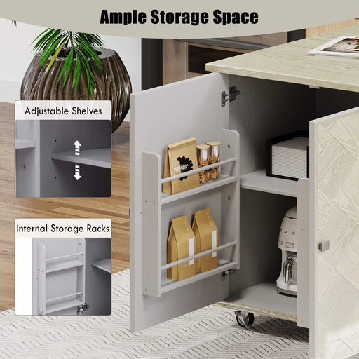 K&K 51.2'W Ash Veneer (Not Cheap Paper) Solid Wood Handwoven Kitchen Island with Drop Leaf, Coastal Kitchen Island on Wheels with Internal Storage Rack, Rolling Kitchen Cart, Champagne Default -DTYStore