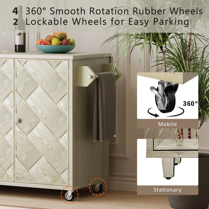 K&K 51.2'W Ash Veneer (Not Cheap Paper) Solid Wood Handwoven Kitchen Island with Drop Leaf, Coastal Kitchen Island on Wheels with Internal Storage Rack, Rolling Kitchen Cart, Champagne Default -DTYStore