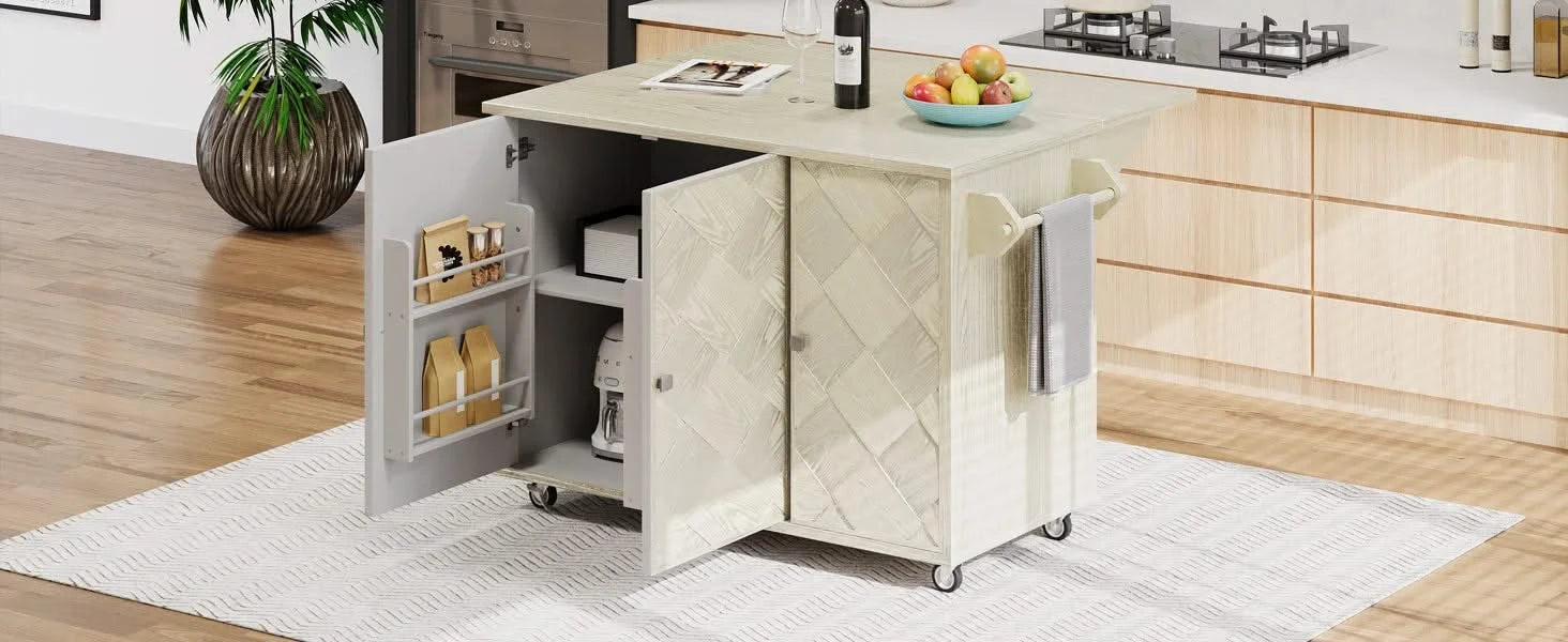 K&K 51.2'W Ash Veneer (Not Cheap Paper) Solid Wood Handwoven Kitchen Island with Drop Leaf, Coastal Kitchen Island on Wheels with Internal Storage Rack, Rolling Kitchen Cart, Champagne Default -DTYStore