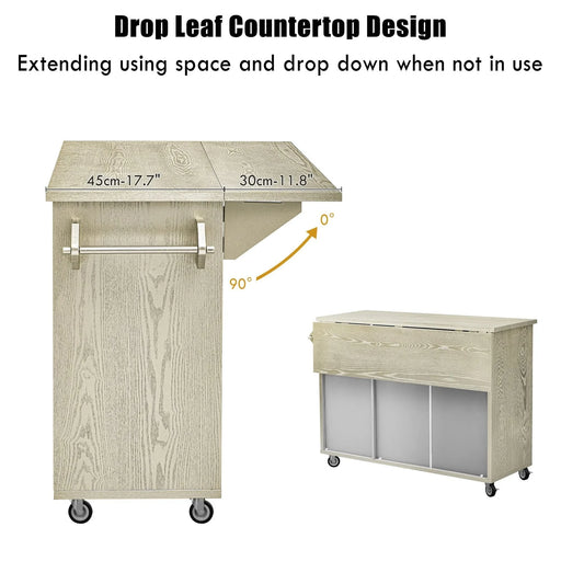 K&K 51.2'W Ash Veneer (Not Cheap Paper) Solid Wood Handwoven Kitchen Island with Drop Leaf, Coastal Kitchen Island on Wheels with Internal Storage Rack, Rolling Kitchen Cart, Champagne Default -DTYStore