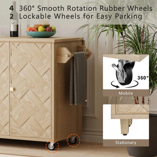 K&K 51.2'W Ash Veneer (Not Cheap Paper) Solid Wood Handwoven Kitchen Island with Drop Leaf, Coastal Kitchen Island on Wheels with Internal Storage Rack, Rolling Kitchen Cart, Nature Wood Default -DTYStore