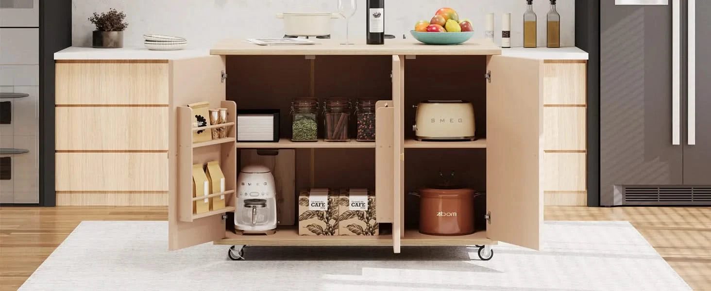 K&K 51.2'W Ash Veneer (Not Cheap Paper) Solid Wood Handwoven Kitchen Island with Drop Leaf, Coastal Kitchen Island on Wheels with Internal Storage Rack, Rolling Kitchen Cart, Nature Wood Default -DTYStore