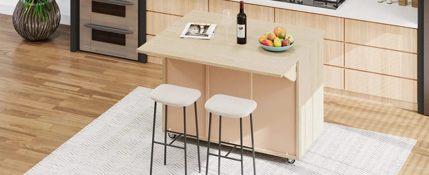 K&K 51.2'W Ash Veneer (Not Cheap Paper) Solid Wood Handwoven Kitchen Island with Drop Leaf, Coastal Kitchen Island on Wheels with Internal Storage Rack, Rolling Kitchen Cart, Nature Wood Default -DTYStore