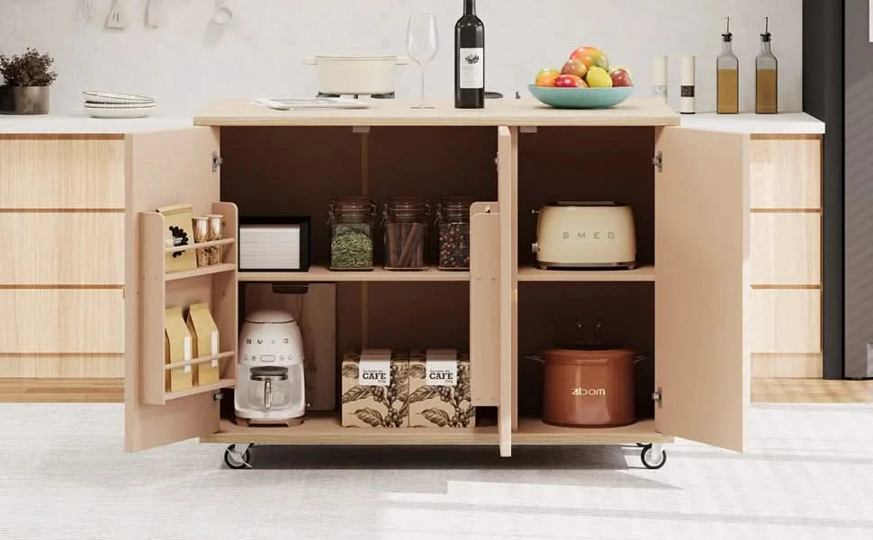 K&K 51.2'W Ash Veneer (Not Cheap Paper) Solid Wood Handwoven Kitchen Island with Drop Leaf, Coastal Kitchen Island on Wheels with Internal Storage Rack, Rolling Kitchen Cart, Nature Wood Default -DTYStore